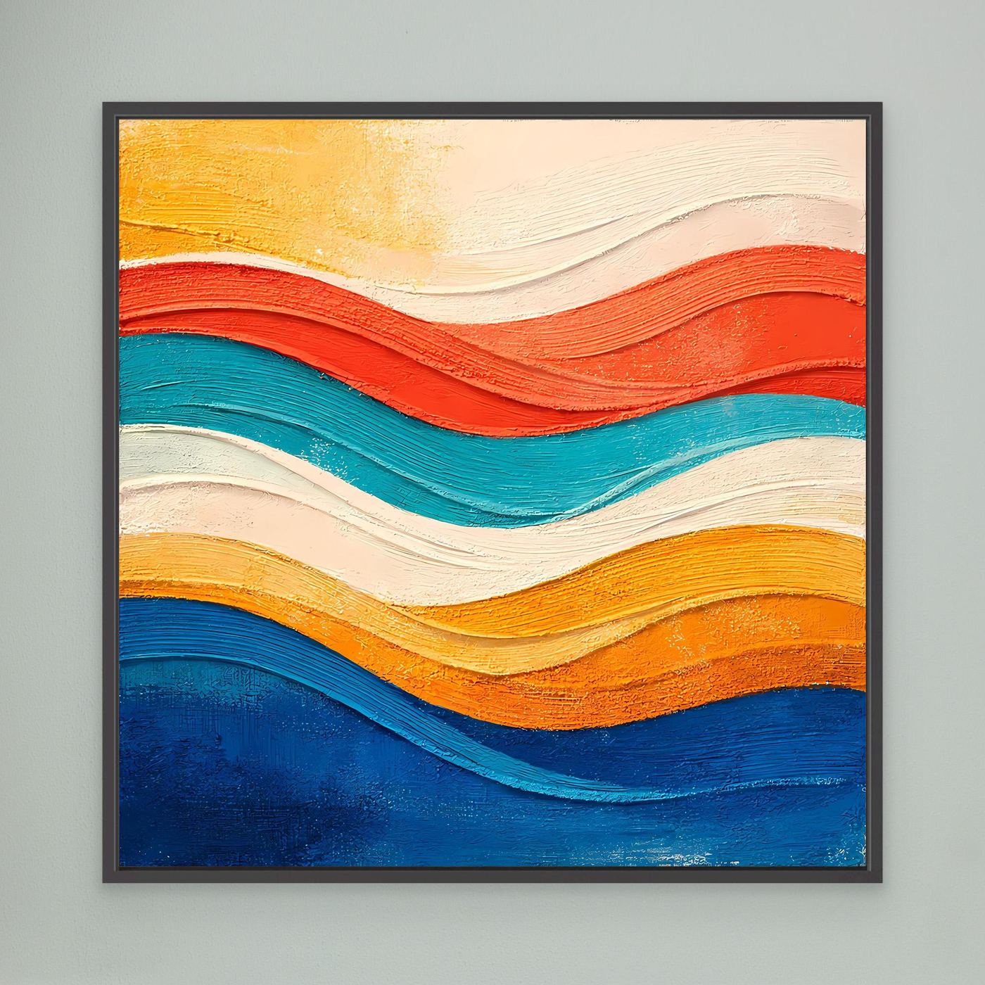 Abstraktes Leinwand-Wandbild mit wellenförmigem Relief, schwarzer Rahmen