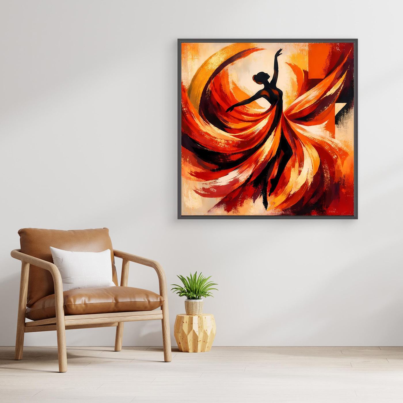 Quadratisches Leinwandbild mit hellem Holzrahmen, abstrakte Ballerina in Orange, Rot und Schwarz.