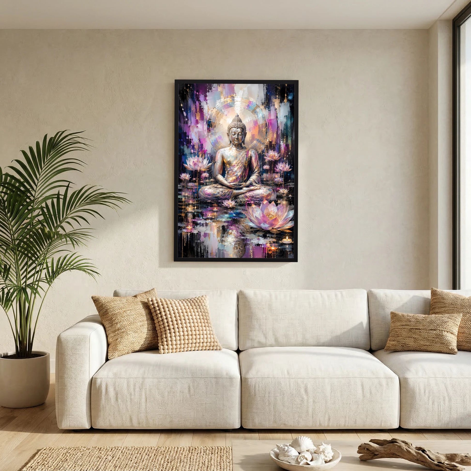 Wandposter im schwarzen Rahmen mit meditierendem Buddha und Lotusblüten in Gold, Rosa und Blau.