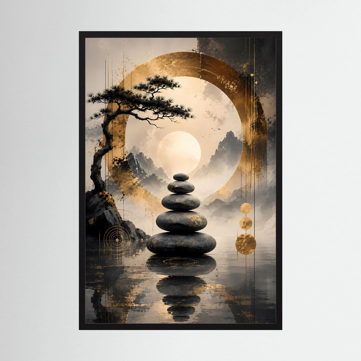 Poster im Hochformat mit Bonsai, Steinstapel und goldener Mondschein-Grafik, schwarzer Rahmen