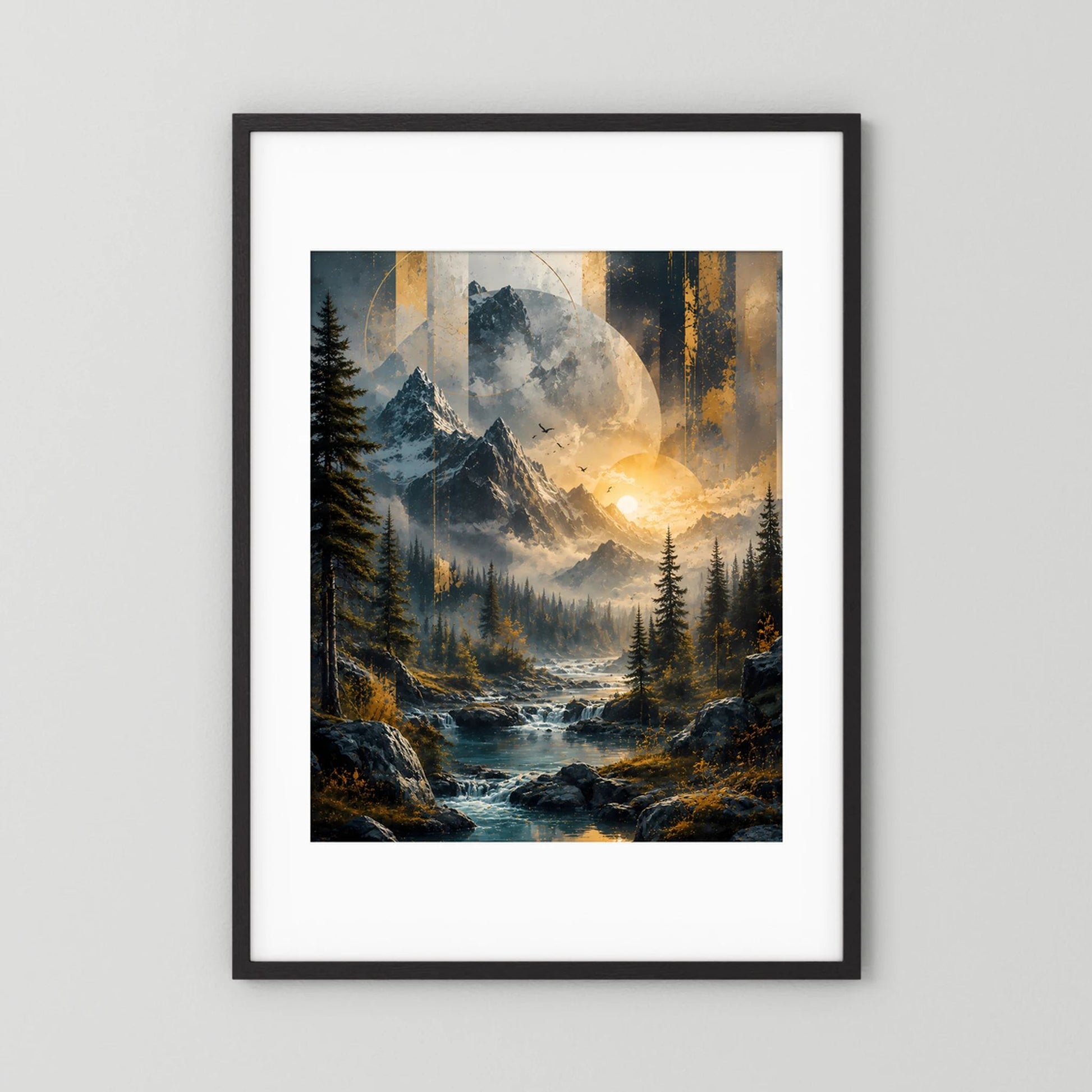 Poster Hochformat mit Berglandschaft, Fluss und goldenem Sonnenaufgang, schwarzer Rahmen