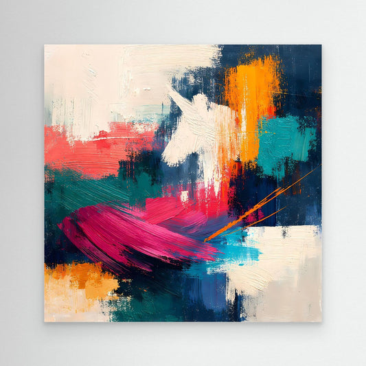 Unicorn fantasy wall art, abstract colorful brushstrokes, white unicorn silhouette, no frame