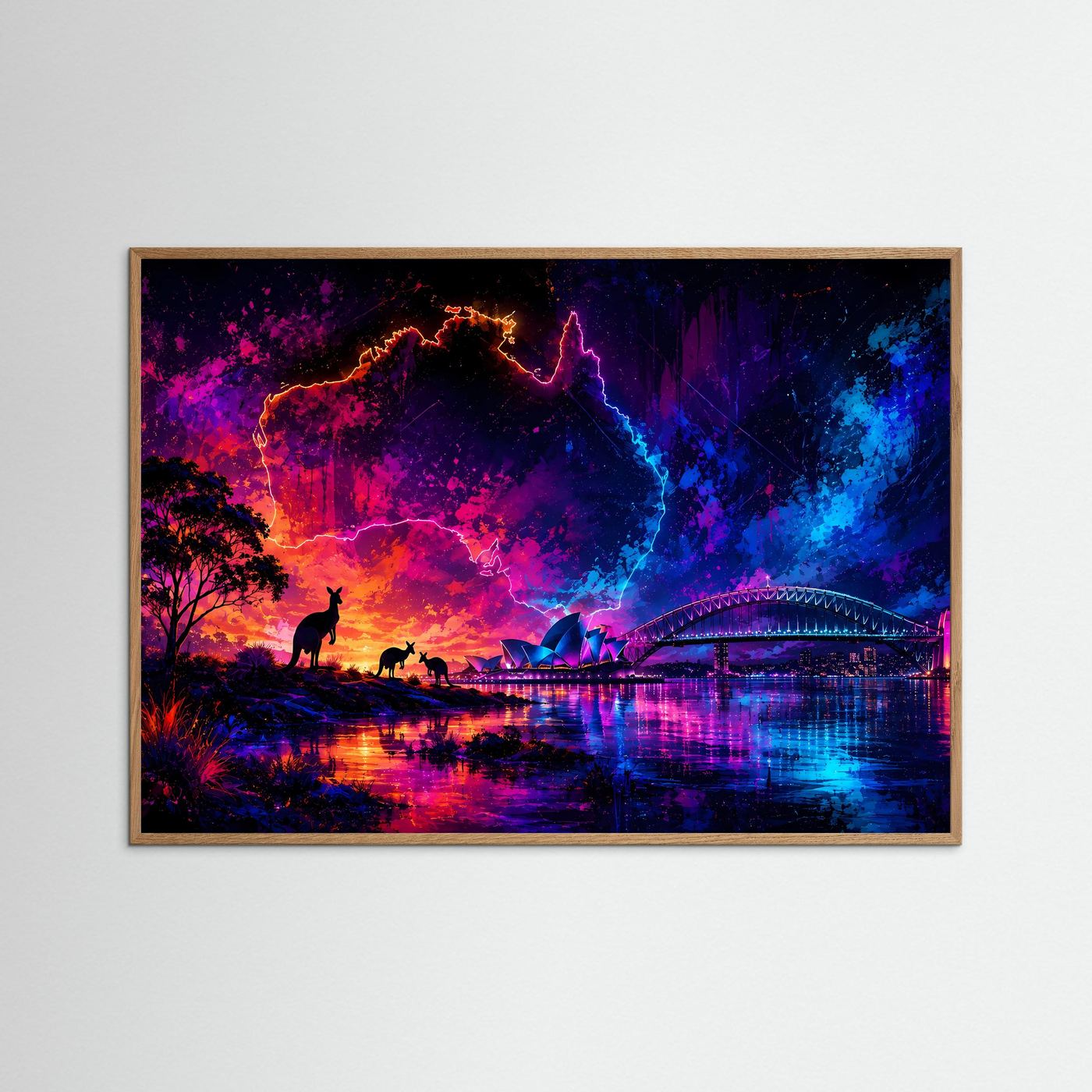 Sydney Skyline mit Kängurus im Neonstil | Abstraktes Australien Poster Querformat