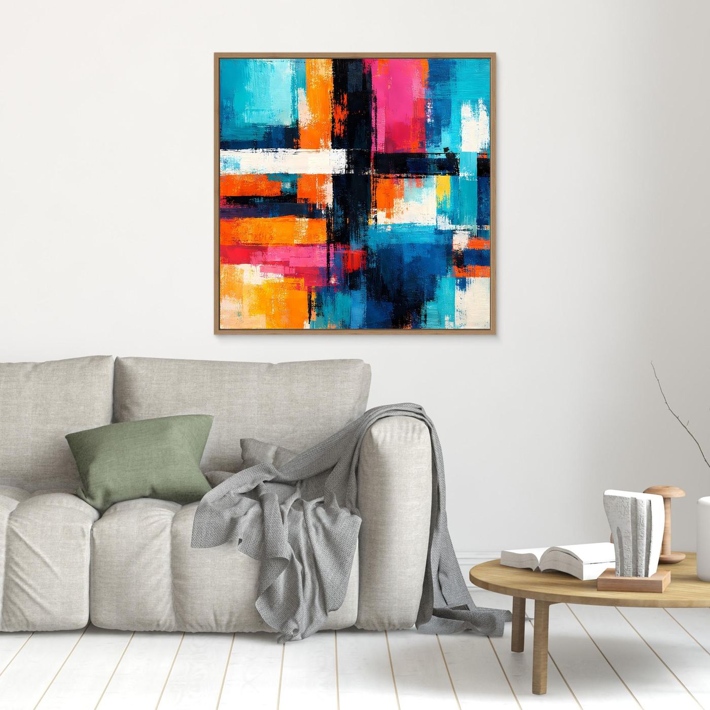 Abstract geometric wall art, multicolor blocks and bars, oak-toned frame