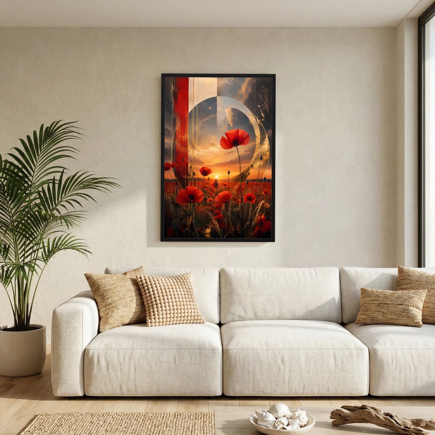 Kunstposter mit roten Mohnblüten und goldenem Kreisbogen, schwarzer Rahmen