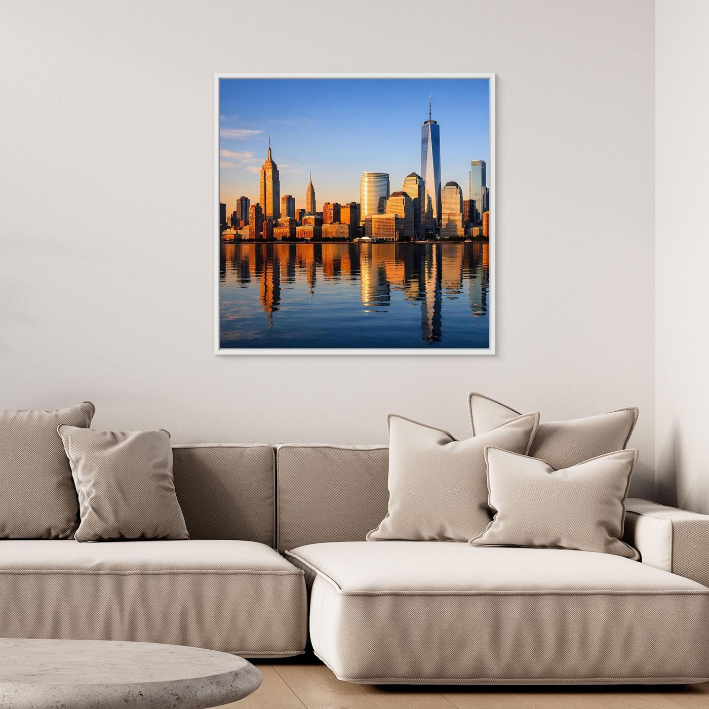Leinwand-Wandbild New-York-Skyline bei Sonnenuntergang mit Spiegelung im Wasser