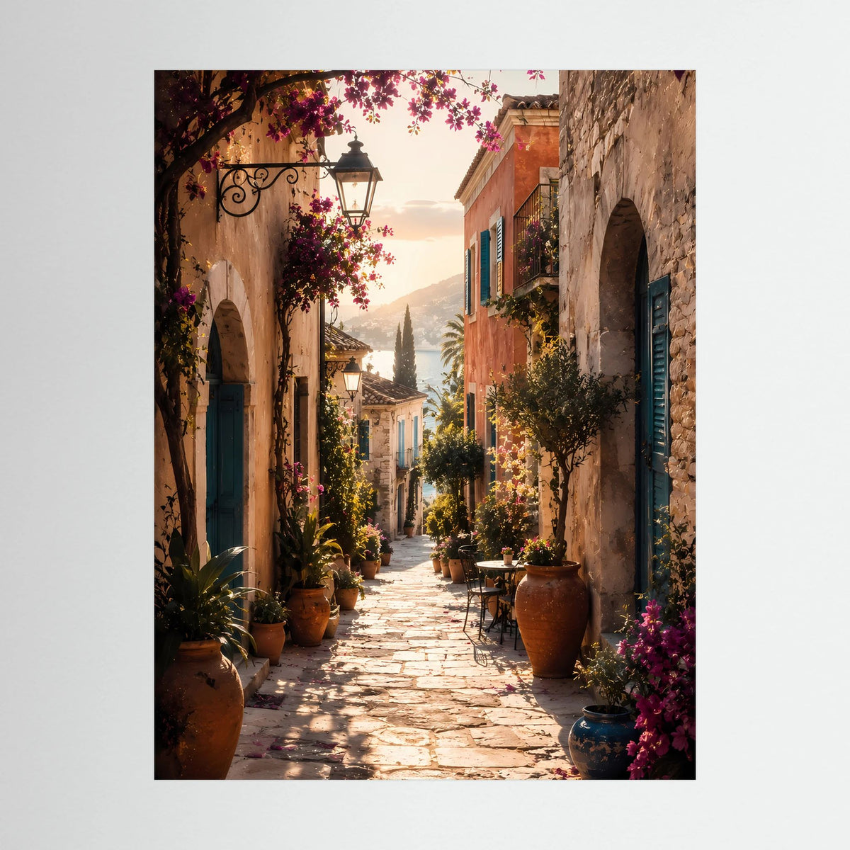 Hochformat-Poster mit mediterraner Gasse und Blumen im schwarzen Rahmen