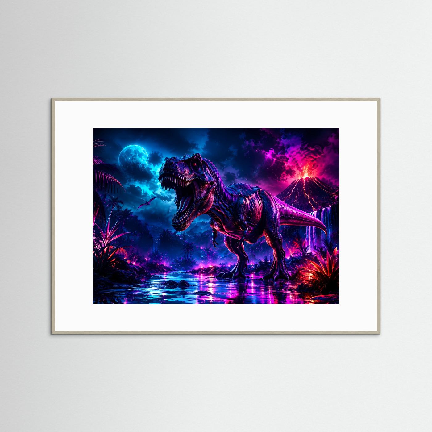 T-Rex Neon Nacht | Dinosaurier mit Vulkan & Mond