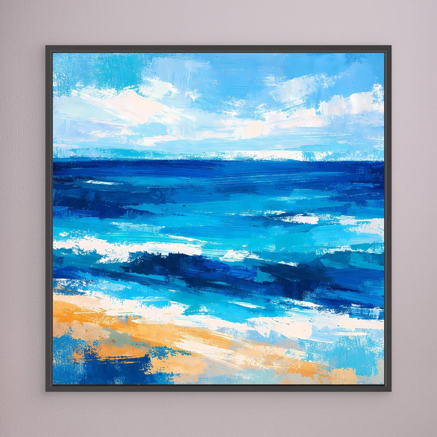 Abstract seascape wall art print in blue with dark border frame