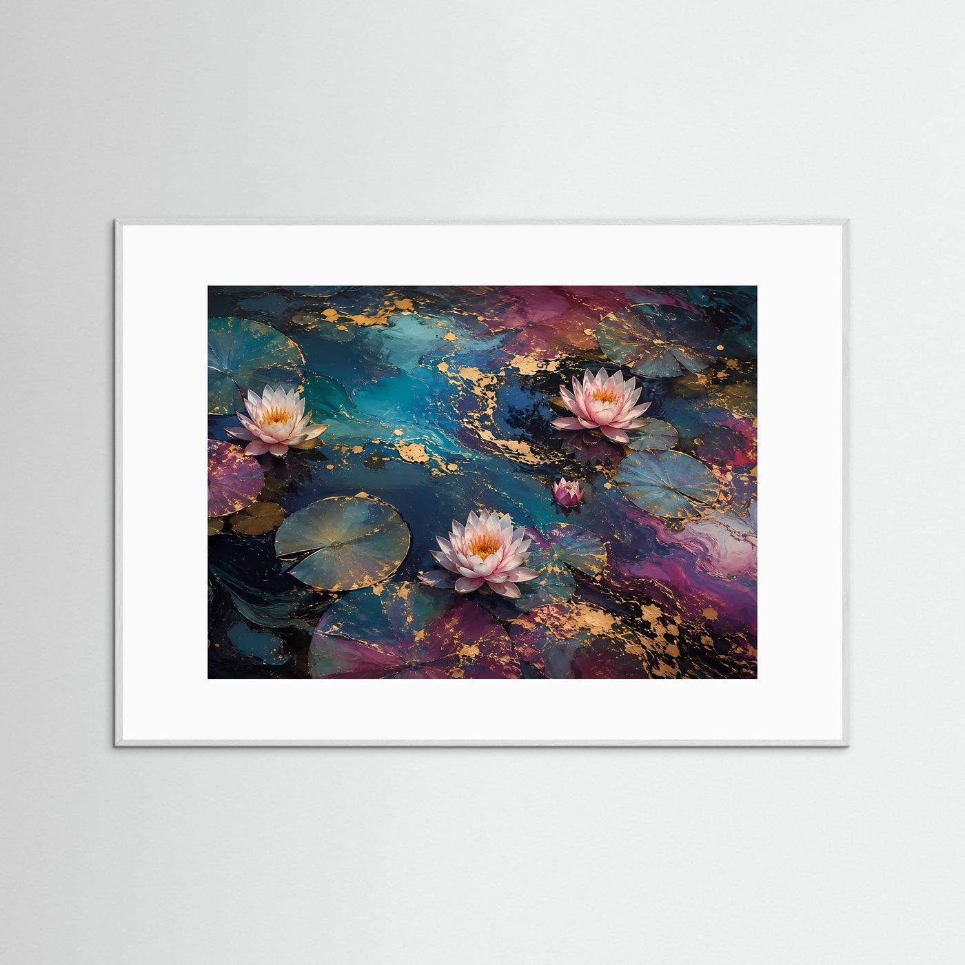 Lotusblüten auf Seerosenteich | Abstrakte Wasserkunst in Blau Gold | Elegantes Seerosen Wandbild | Luxuriöses Natur Poster | Premium Leinwand für Wohnzimmer