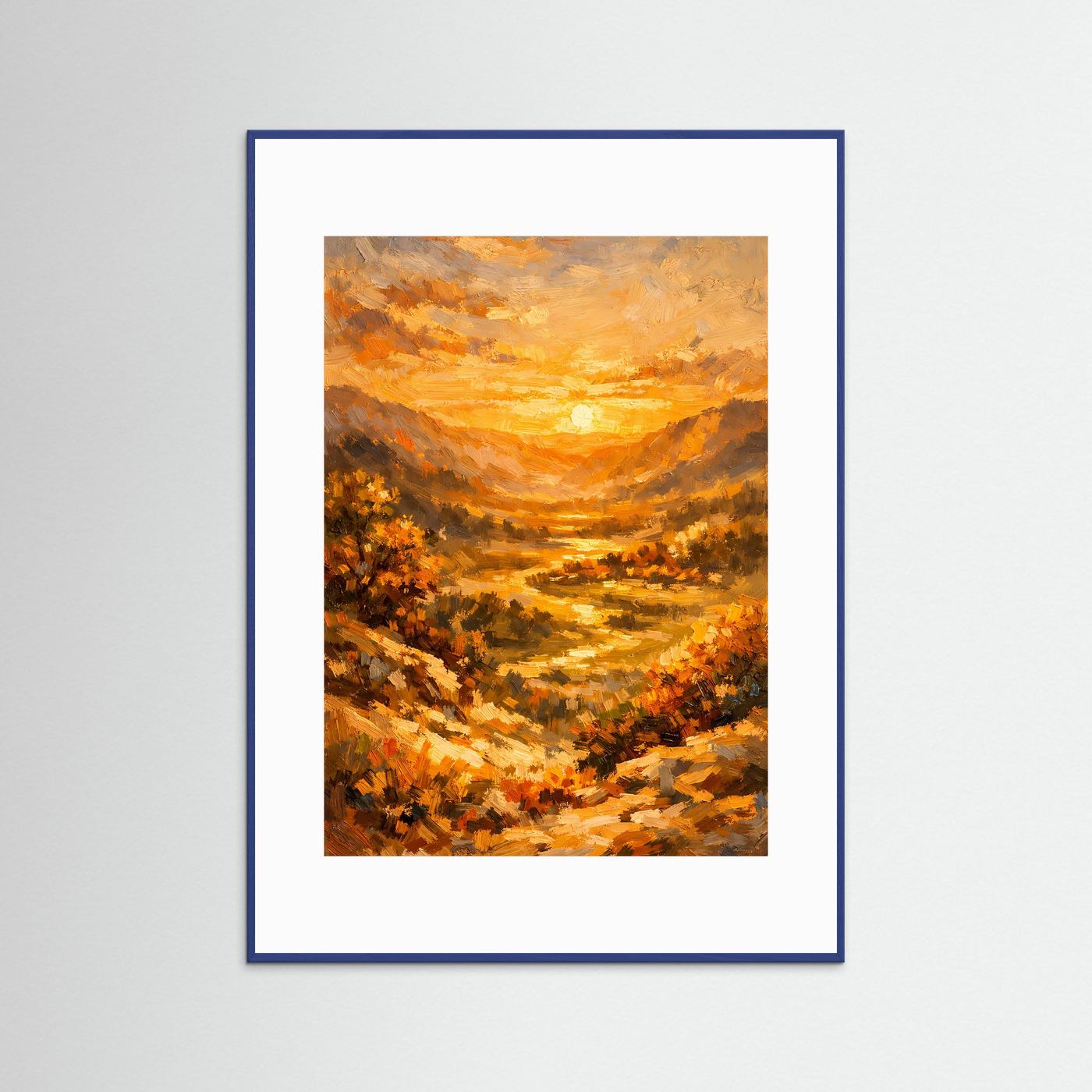 Gerahmtes Kunstposter mit weißem Passepartout, blauem Rahmen und Sonnenuntergangstal-Gemälde