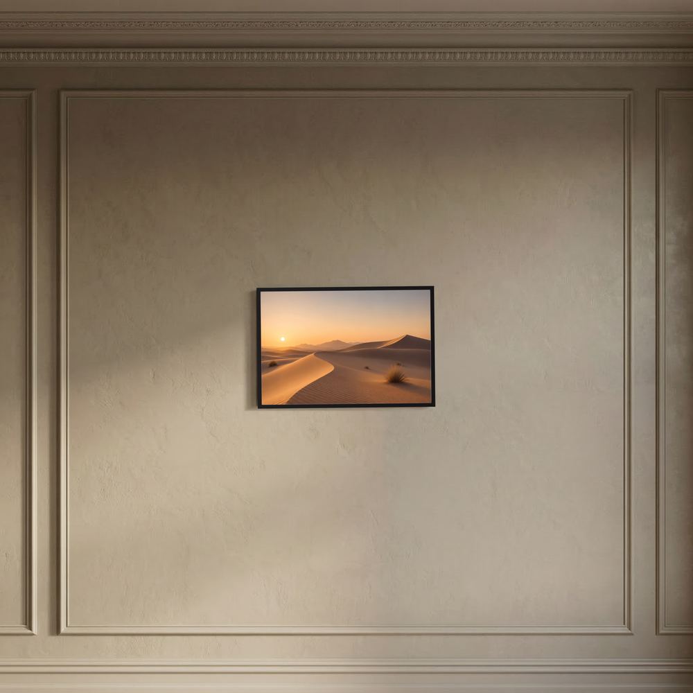 Wandbild mit Wüstenlandschaft: Dünen bei Sonnenuntergang, Querformat, schwarzer Rahmen