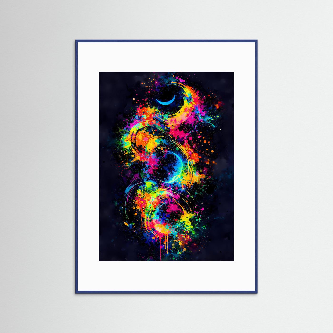 Kosmische Zyklen | Abstraktes Mond & Galaxie Poster in bunten Neonfarben | Modernes Kunstposter Hochformat