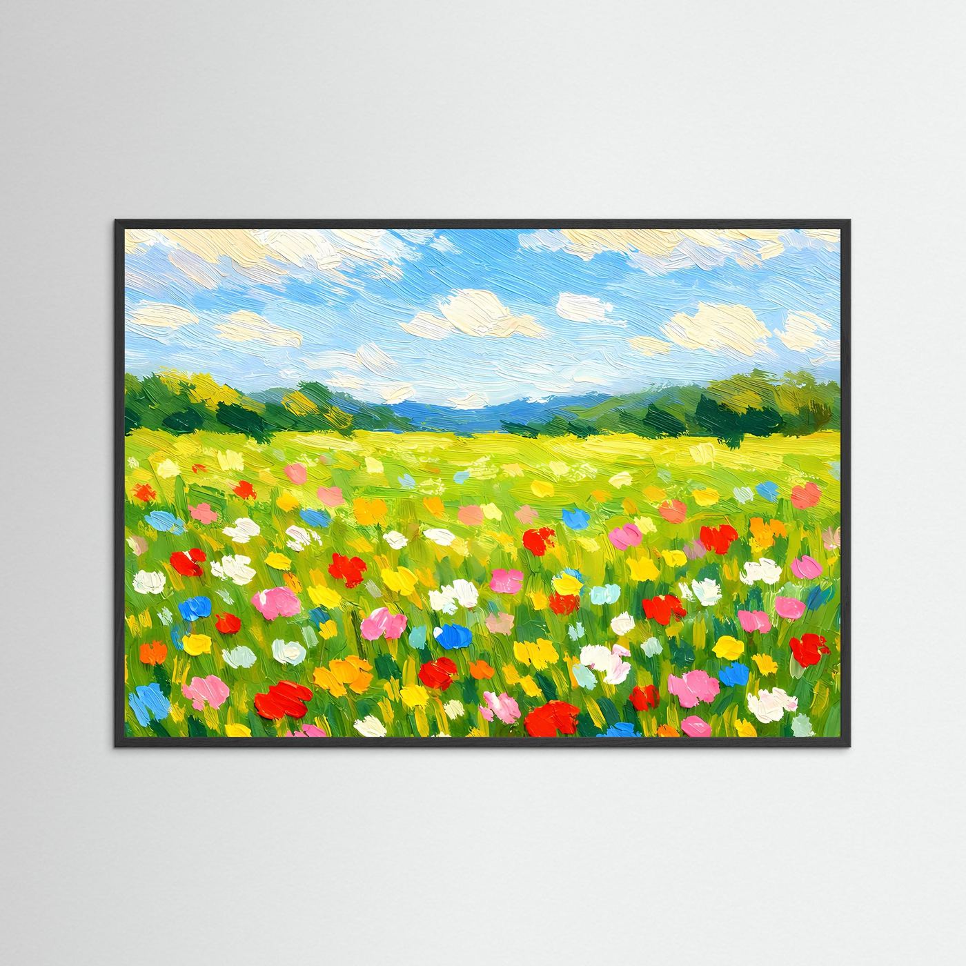 Wandbild mit Blumenwiese und blauem Himmel, schwarzer Rahmen