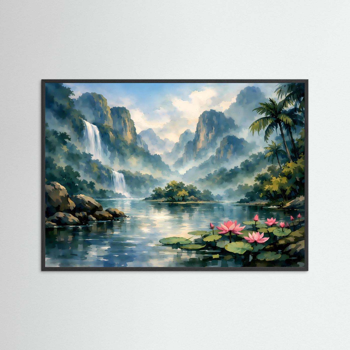 Querformatiger Kunst-Print im dunklen Rahmen: Wasserfall über See, Seerosen, Palmen.