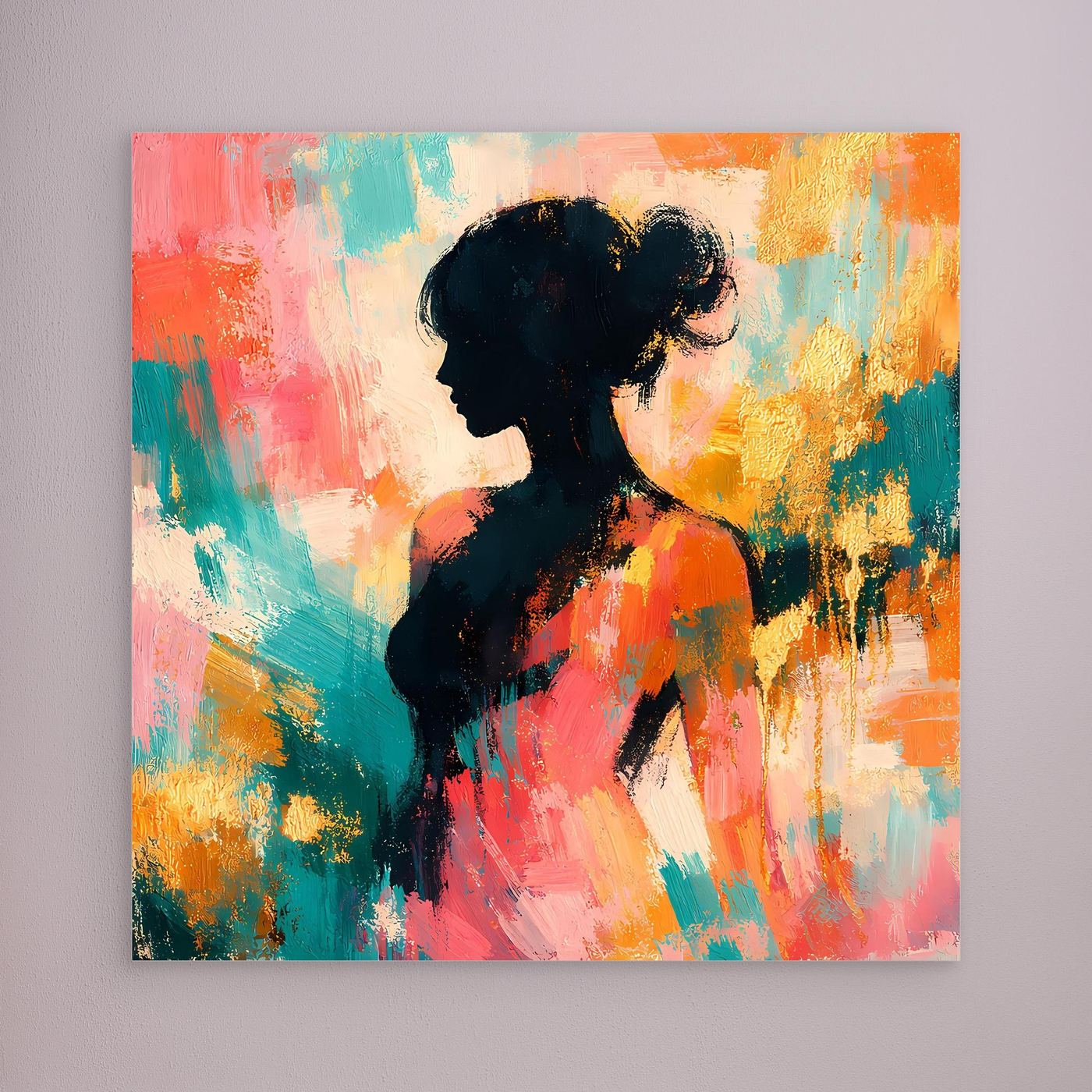 Leinwandbild mit abstrakter Frauen-Silhouette im Pastell, rahmenlos