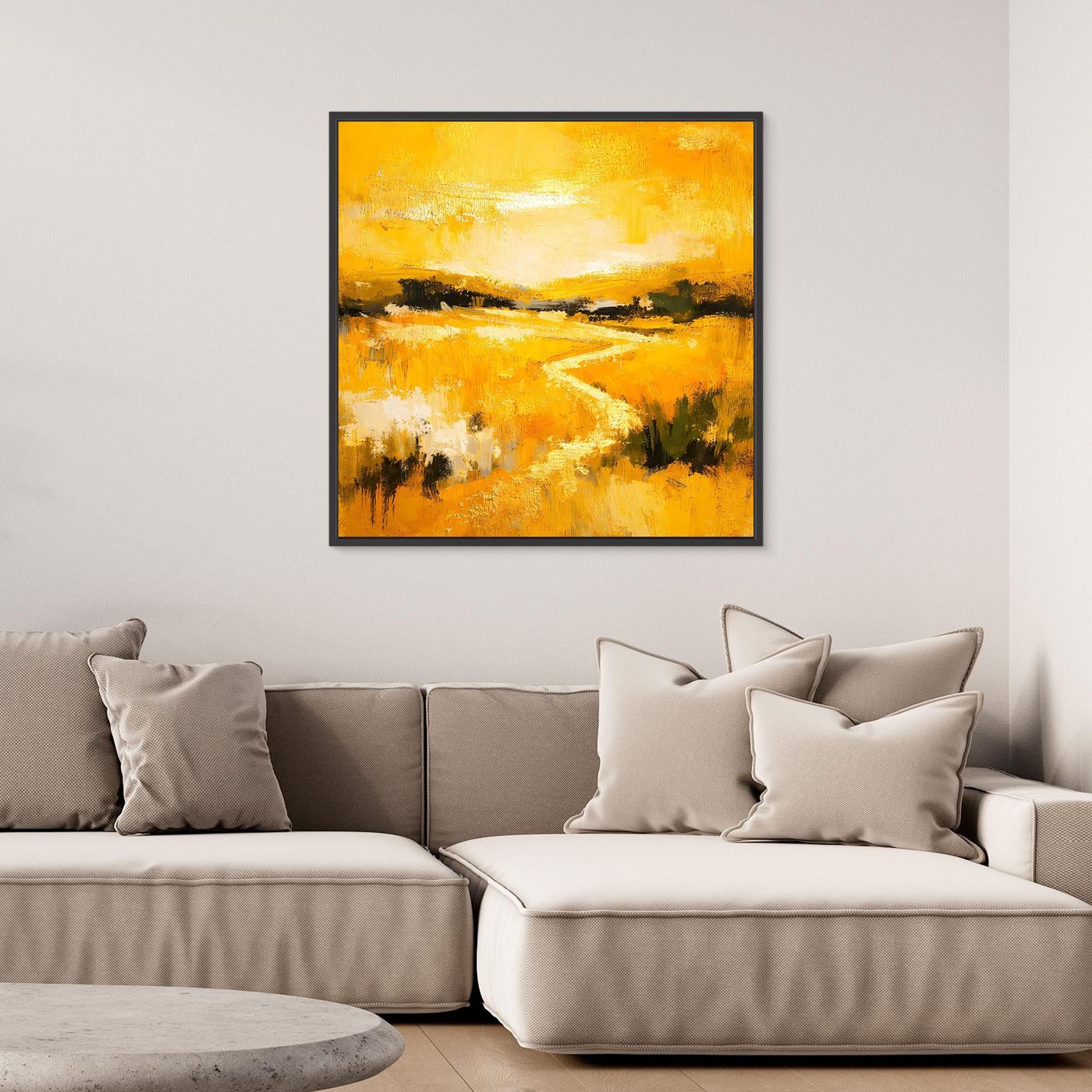 Leinwand Abstraktes Landschaftsgemälde in Gelb und Gold | Modernes Natur Wandbild mit Fluss