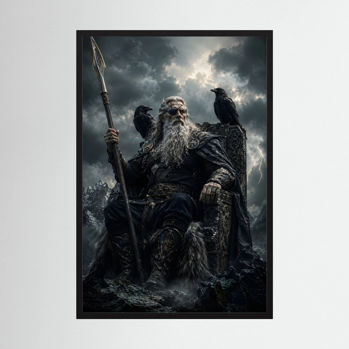 Wikinger-Poster im Hochformat: nordischer Krieger mit Speer und Rabe, Schwarz-Gold