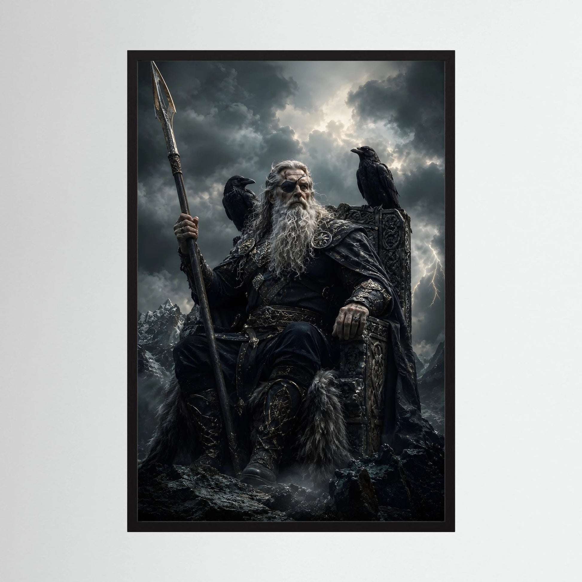 Wikinger-Poster im Hochformat: nordischer Krieger mit Speer und Rabe, Schwarz-Gold