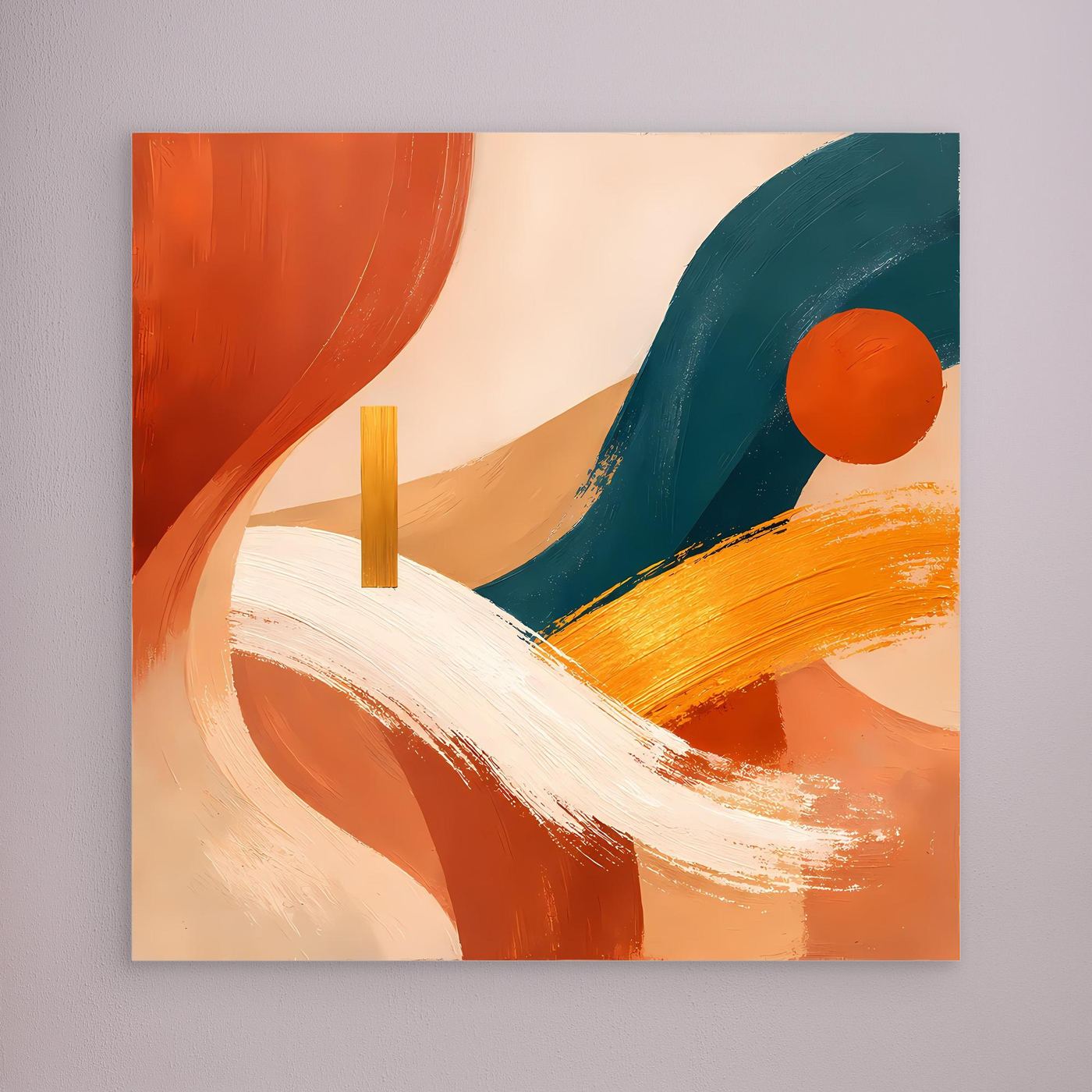 Wandbild aus Leinwand mit abstrakter Boho-Landschaft, Terracotta- und Petrolflächen, goldfarbener Rahmen