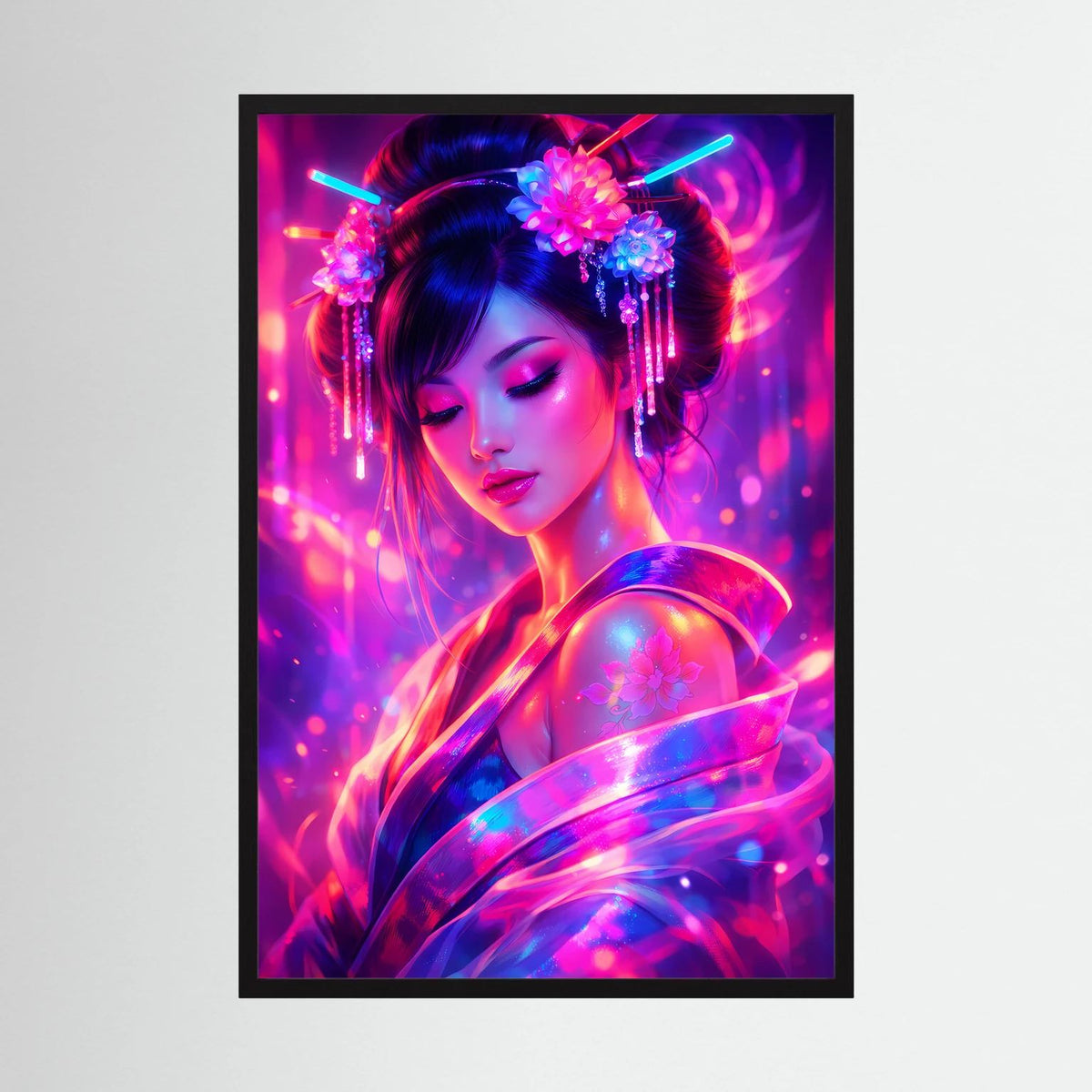Neon-Poster mit japanischer Frau, schwarz gerahmt, Pink- und Blauton, Hochformat