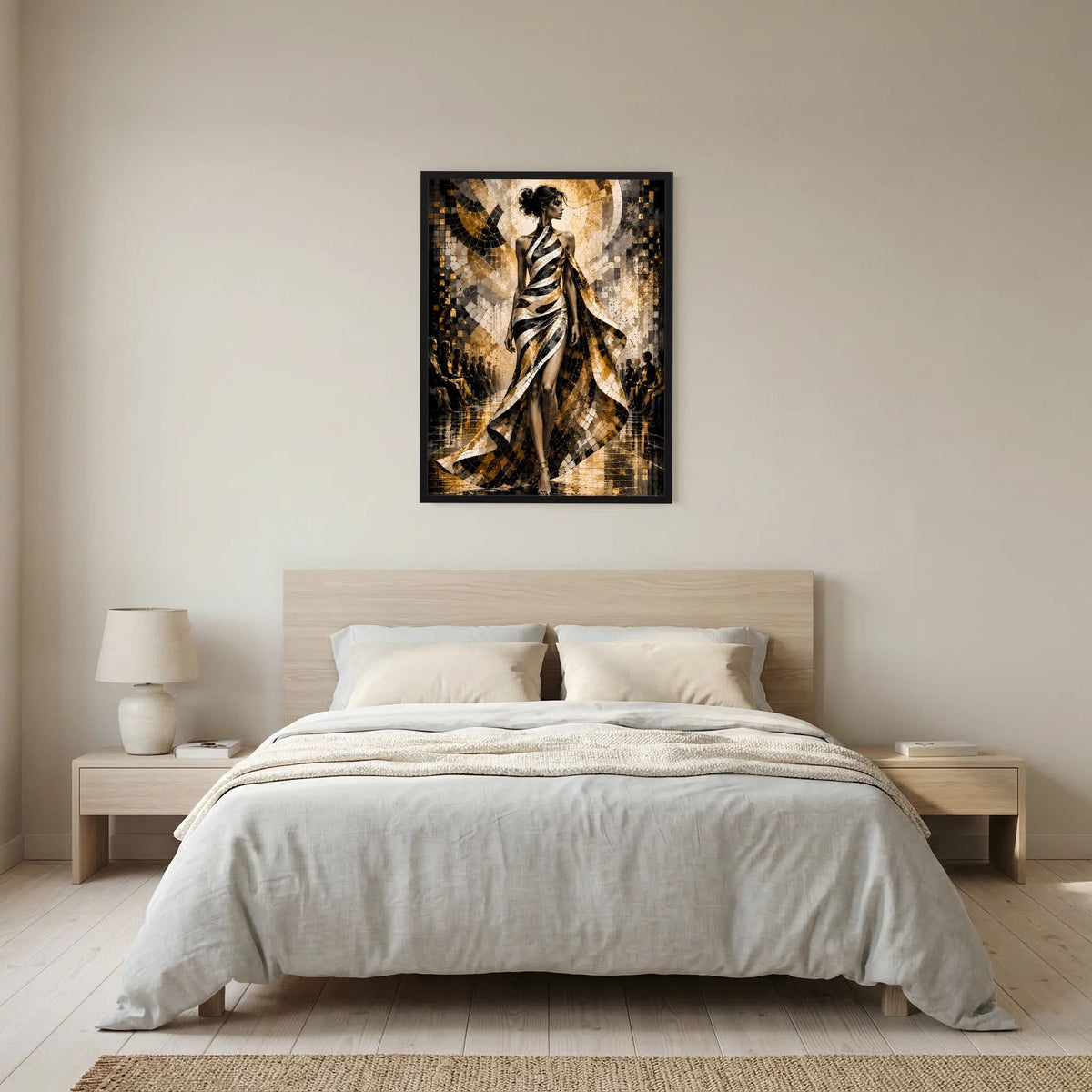 Hochformatiges Poster mit stilisierter Frau in Schwarz, Weiß und Gold im Mosaik-Look