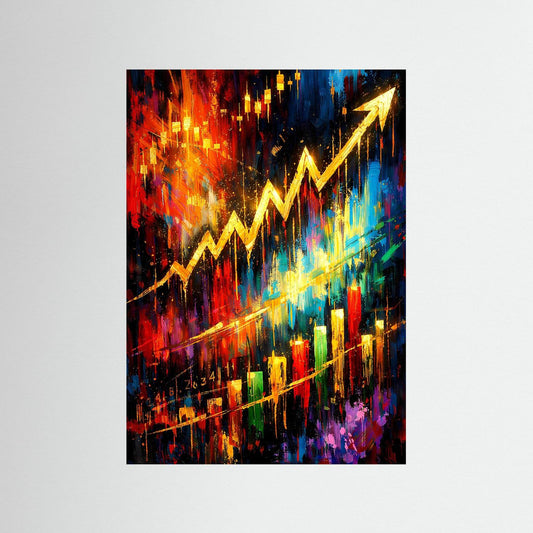 Hochformatiges Kunstposter mit abstraktem Börsen-Chart in Gold, Rot und Blau