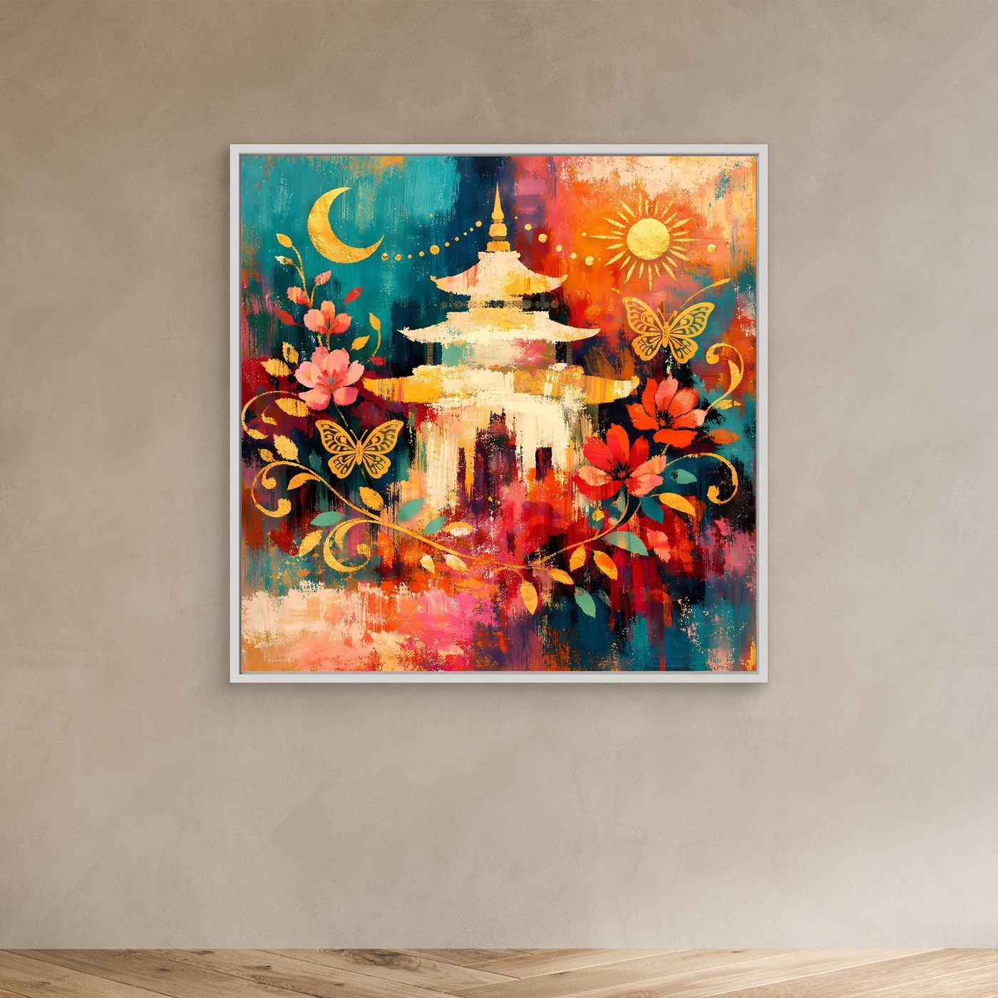 Wandbild mit goldener Pagode, Mond, Sonne, Blumen und Schmetterlingen im hellen Rahmen