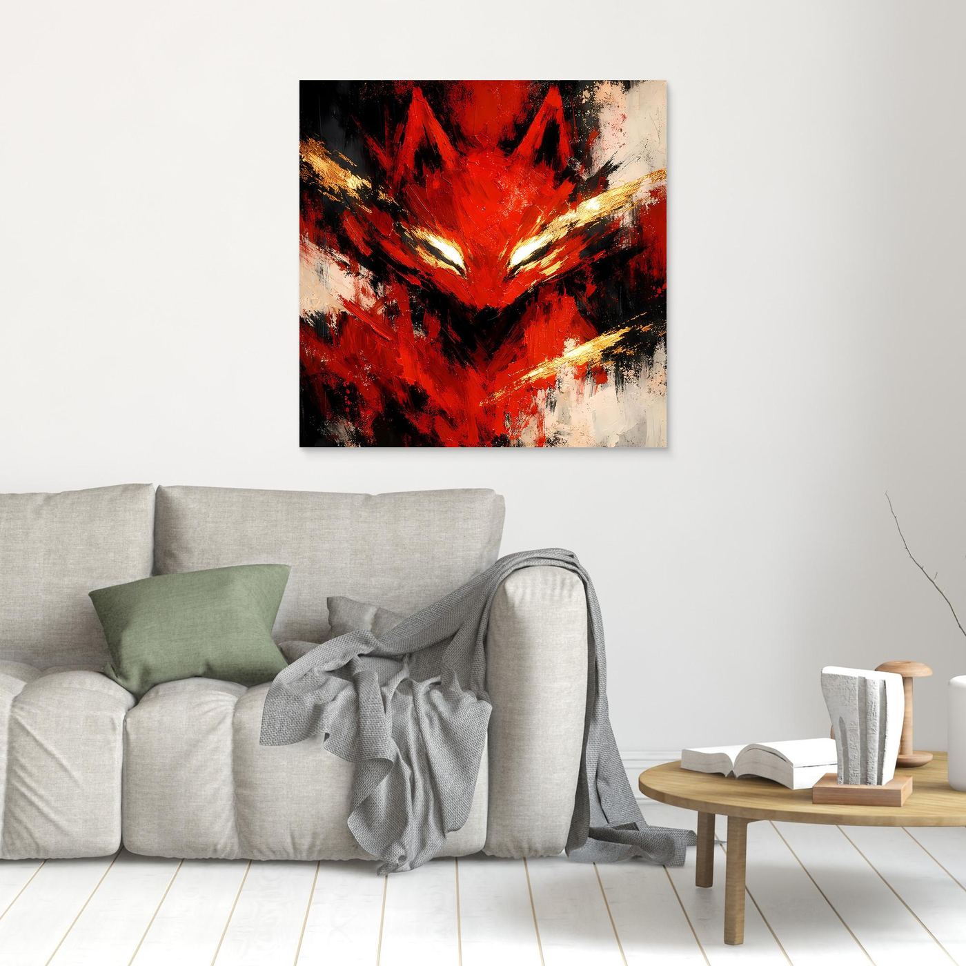 Leinwand Mystischer Kitsune Fuchs in Rot | Abstraktes Japanisches Mythologie Wandbild