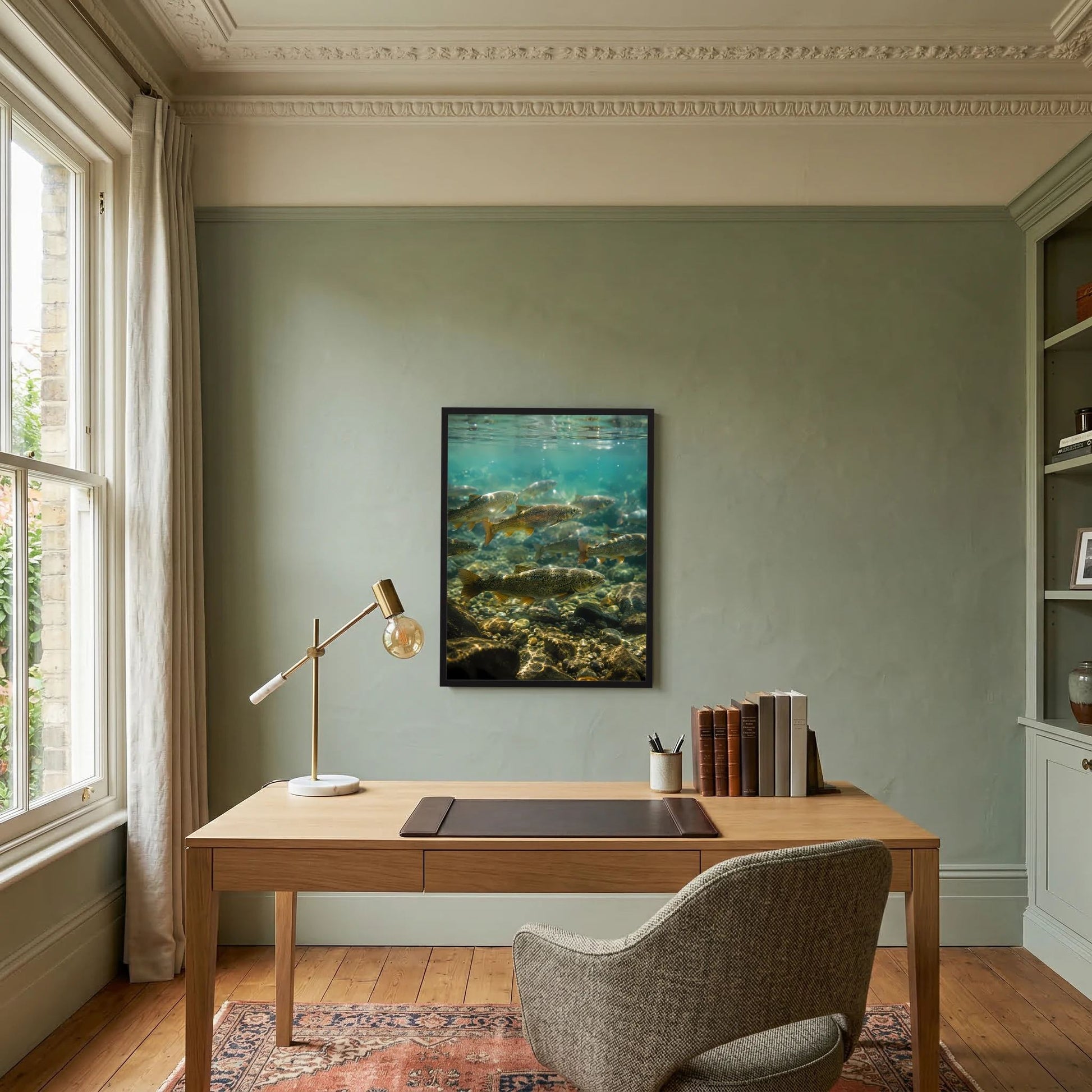 Hochformat-Wandposter mit Unterwasserwelt: Forellen im Bach, Flusssteine am Grund