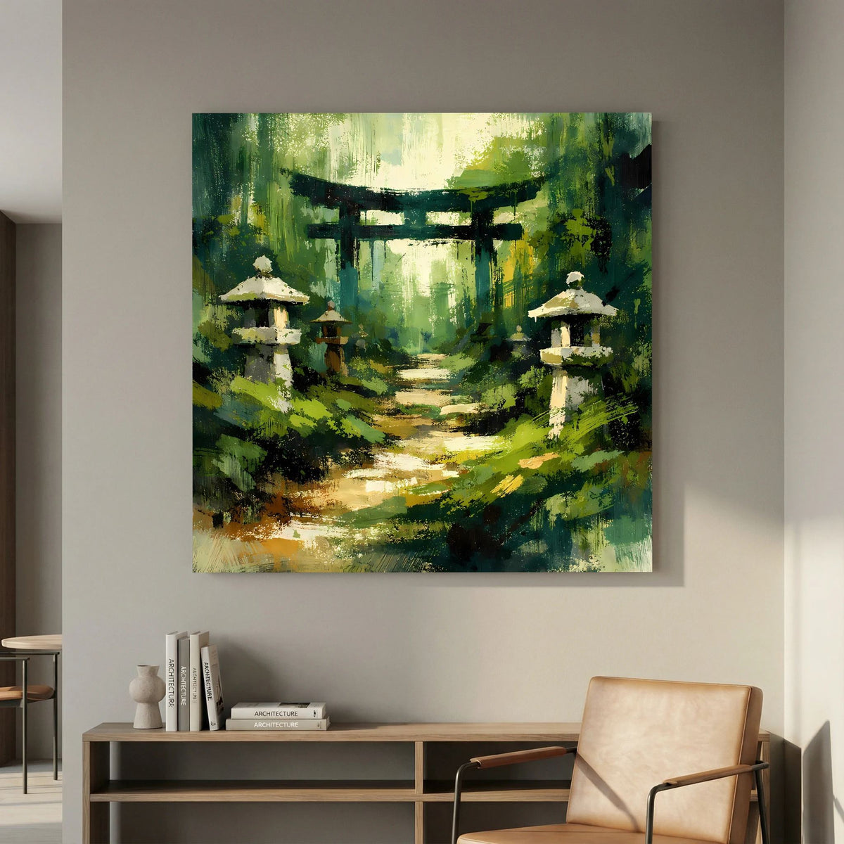 Wandbild auf Leinwand: Pfad zwischen Torii-Toren, Laternen links und rechts
