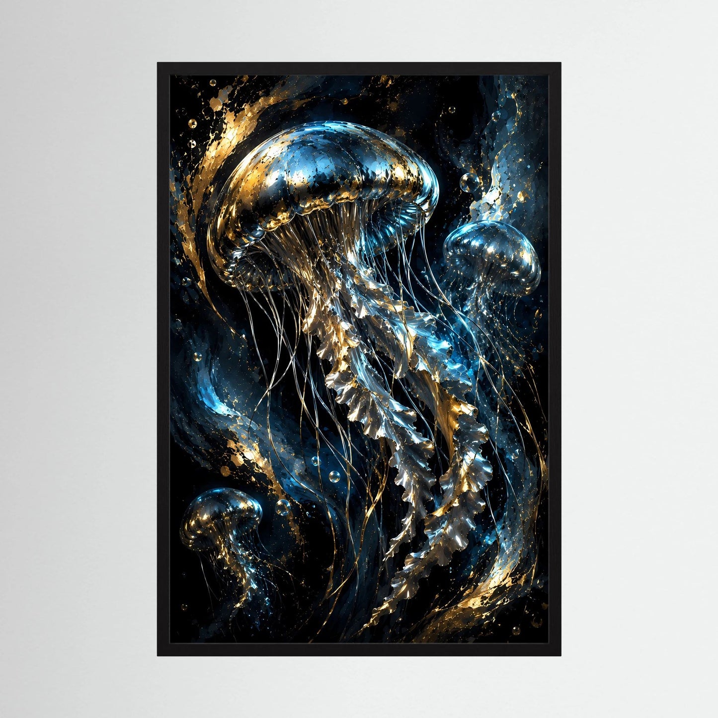 Gerahmtes Poster im Hochformat mit goldenen und blauen Quallen im dunklen Ozeanstil