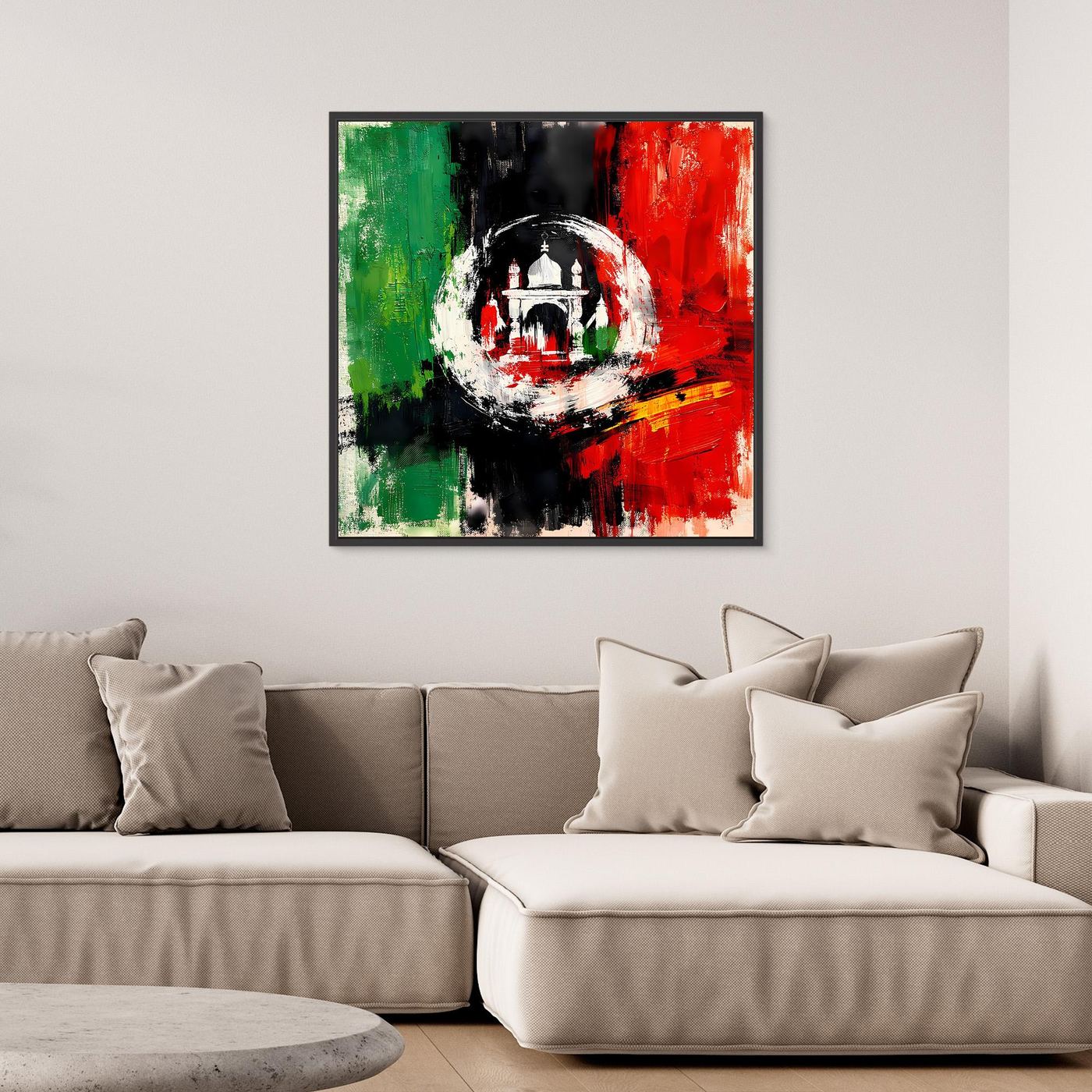 Framed abstract Afghanistan flag wall art featuring a circular white emblem on red, green, and black