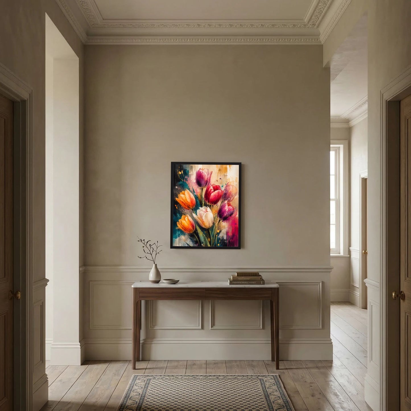 Abstraktes Tulpen-Kunstposter mit bunten Blüten im schwarzen Rahmen