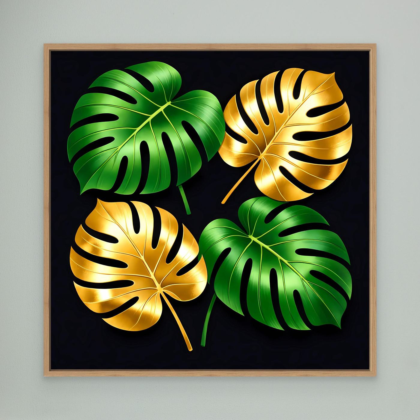 Leinwandbild mit Monstera-Blättern, goldgrün, hellbrauner Holzrahmen