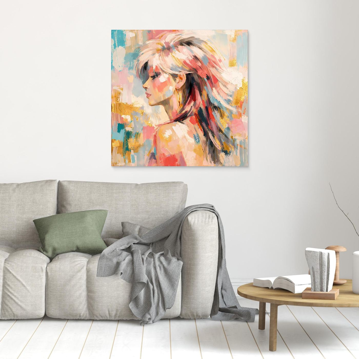 Leinwandbild mit abstraktem Frauenportrait, pastellfarben, schmal gerahmt