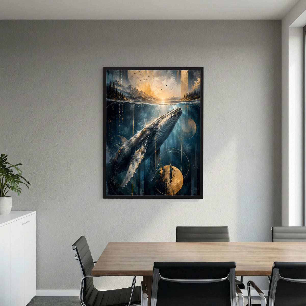 Gerahmtes Hochformat-Poster mit Pottwal unter Wasser, Blau und Gold, Mondkugel
