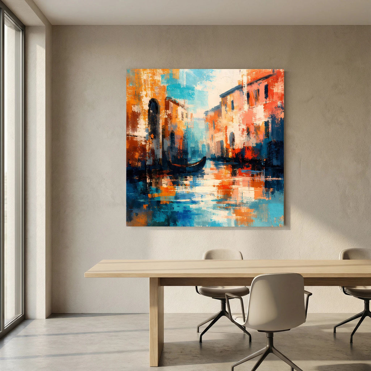 Abstraktes Leinwand-Wandbild mit Gondel im Kanal, orange-roter und blauer Farbverlauf