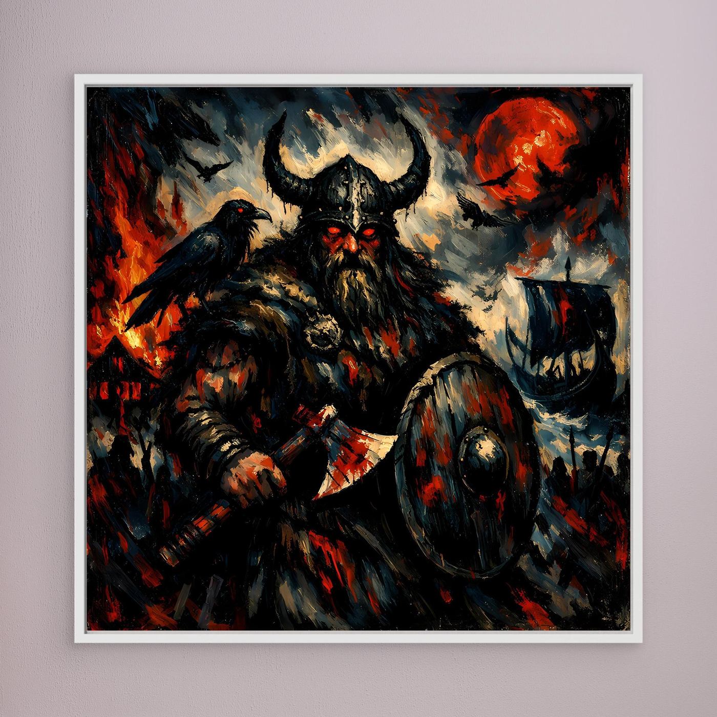 Leinwand Düsterer Wikinger-Krieger unter dem Blutmond | Expressives Nordmann Wandbild