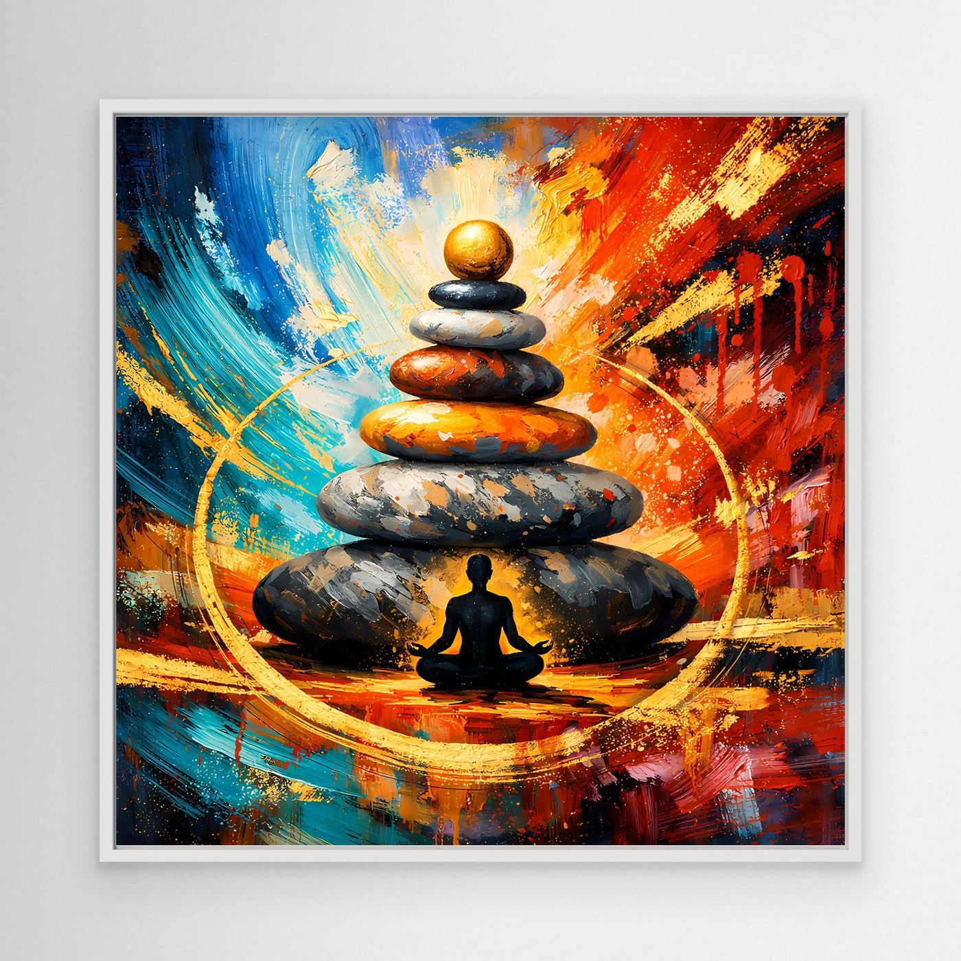Leinwandbild mit Steinstapel und Meditationsfigur, abstrakt in Blau, Rot und Orange im weißen Rahmen