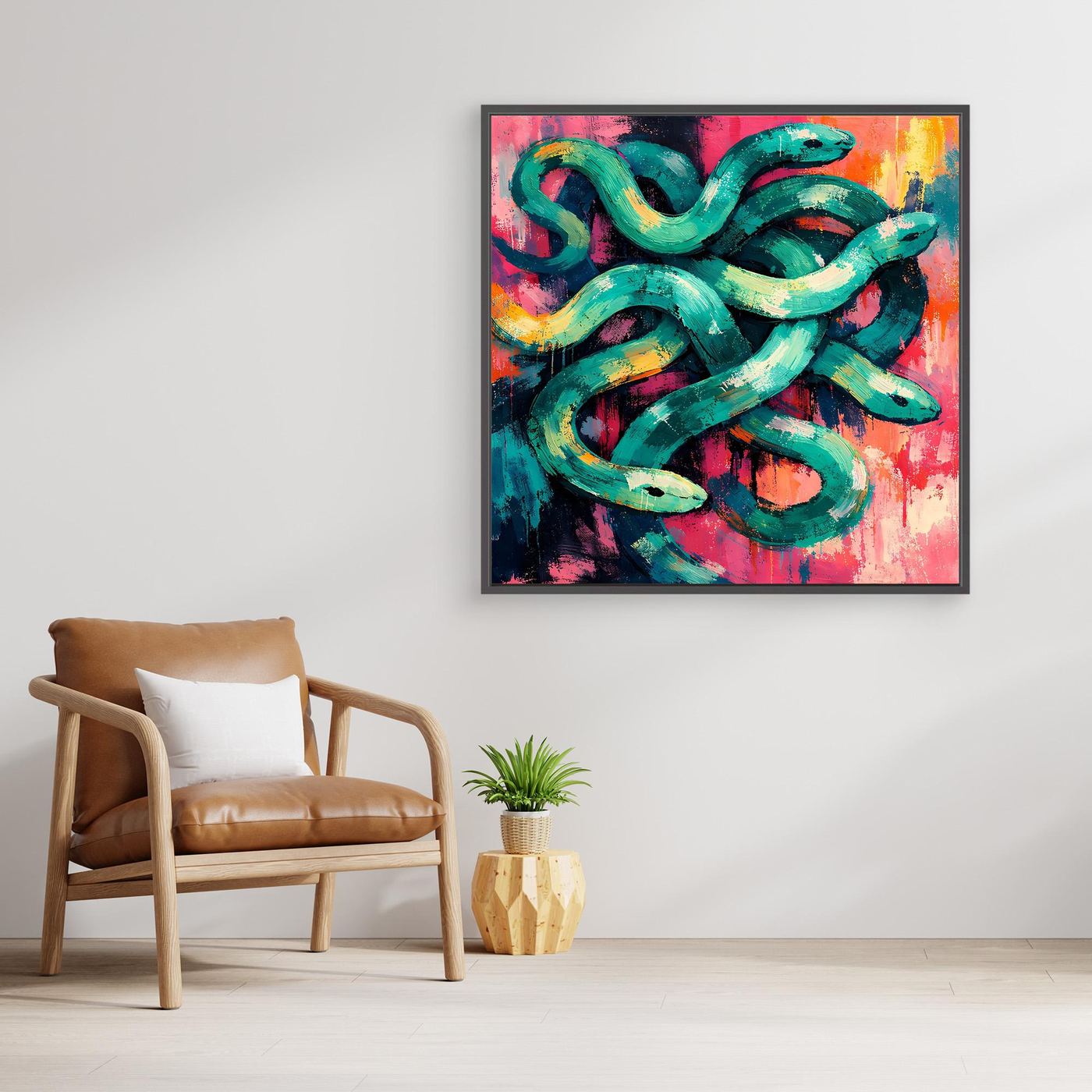Framed abstract snake canvas wall art with teal coiled pattern and bright color splashes.