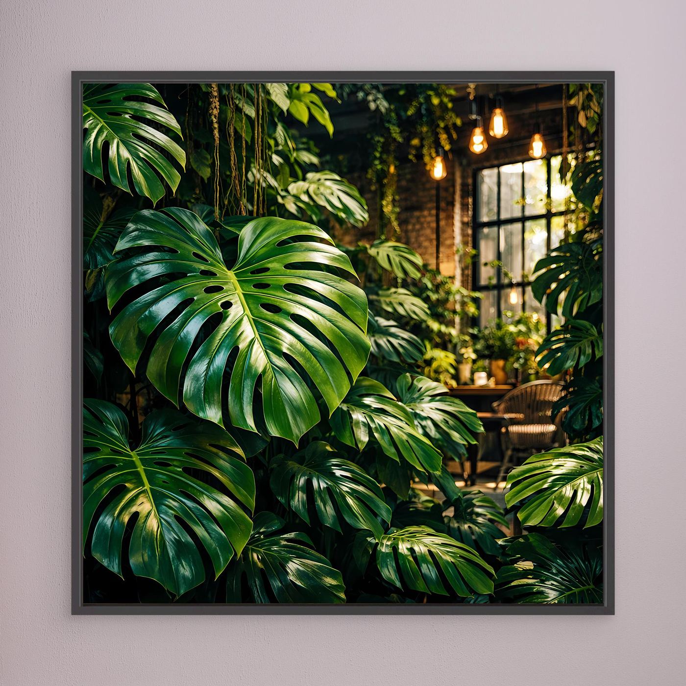 Leinwandbild mit grünen Tropenblättern (Monstera) im dunklen Rahmen