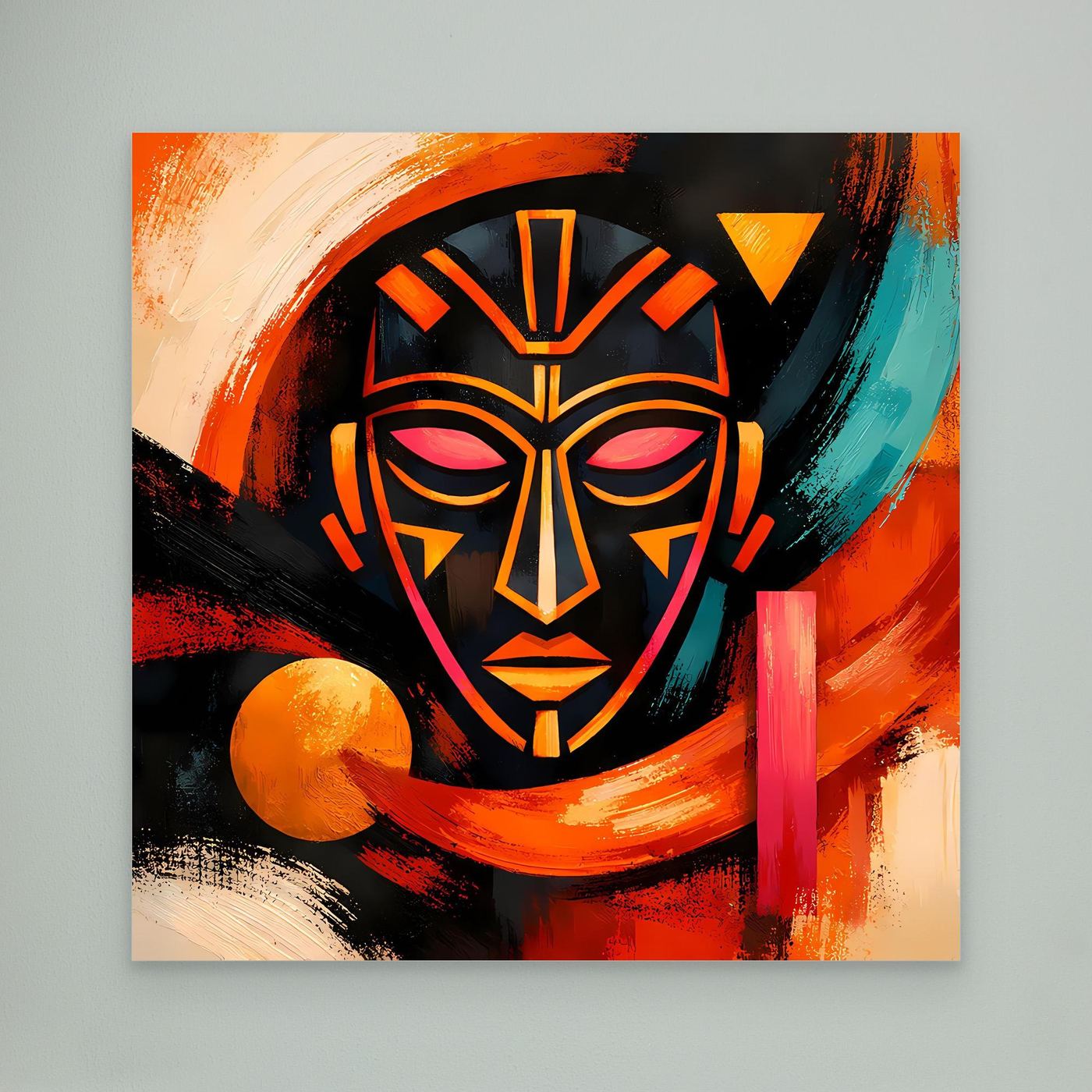 Leinwandbild mit abstrakter Afrikanischer Maske, klare Konturen in Orange, Türkis und Schwarz