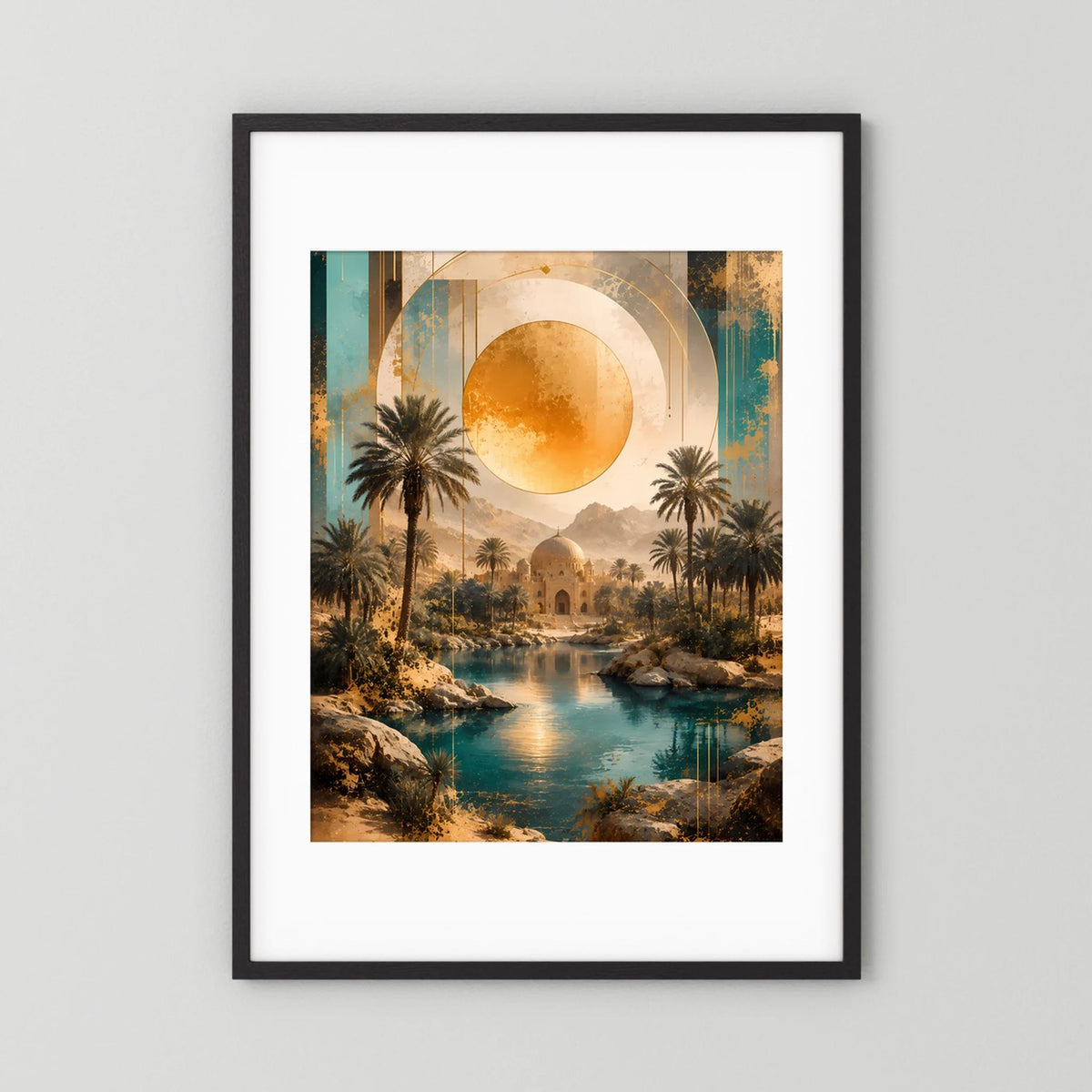 Hochformat-Poster mit Palmen und goldtürkisem Fluss, schwarz gerahmt mit weißem Rand