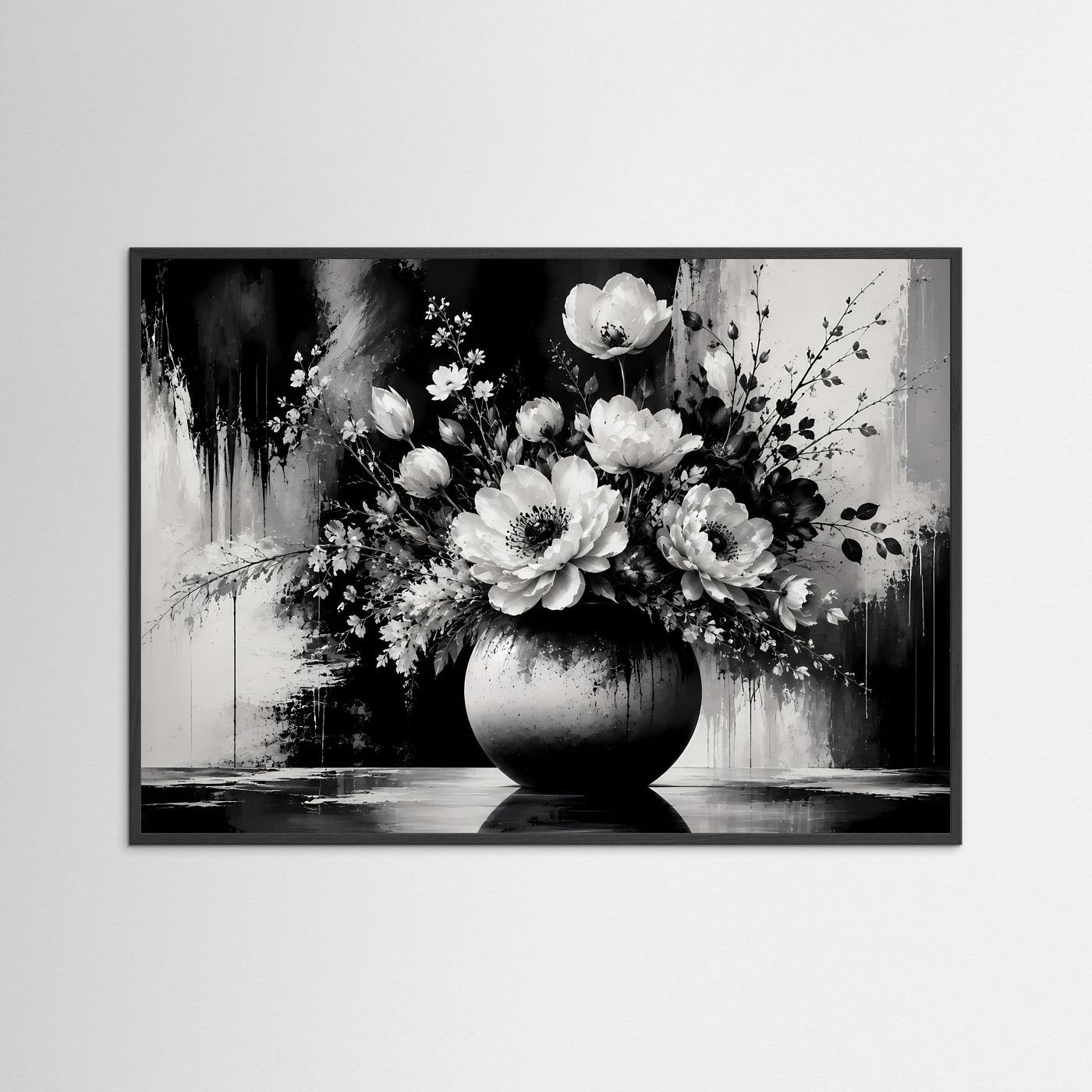 Schwarz Weiß Blumen Poster | Eleganter Blumenstrauß in Vase | Moderne Florale Wandkunst | Monochromes Wandbild