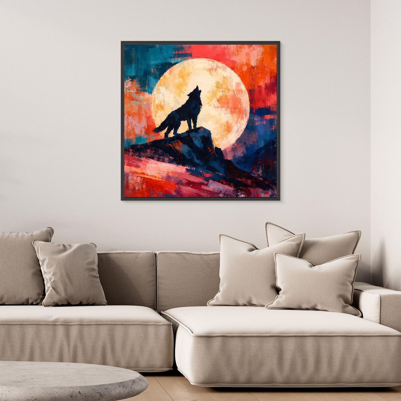 Leinwand Abstraktes Wolf Gemälde | Modernes Mystisches Wandbild Heulender Wolf Vollmond