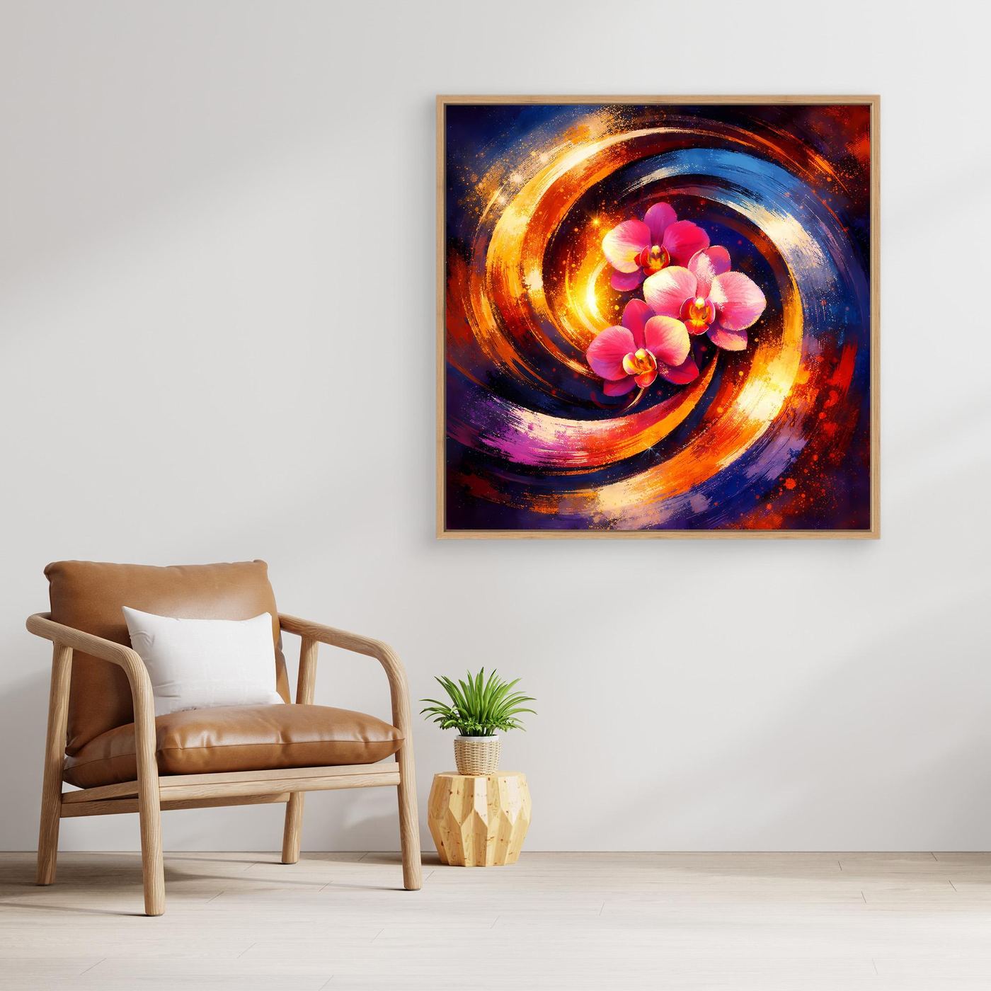Gerahmtes quadratisches Leinwandbild: Pinke Orchideen im Wirbel aus Gold, Orange und Blau.