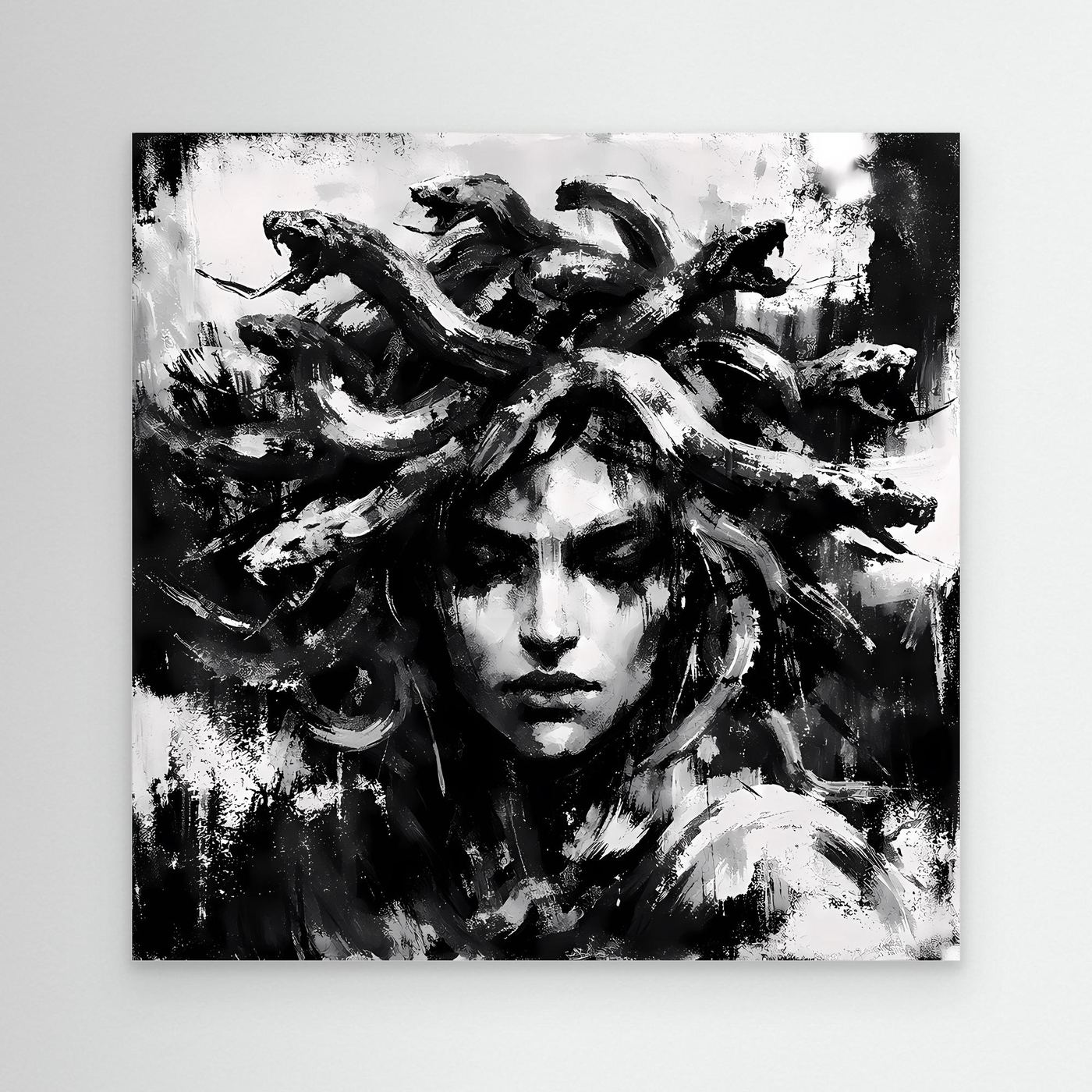 Unframed abstract Medusa portrait canvas in black and white, textured brush strokes.