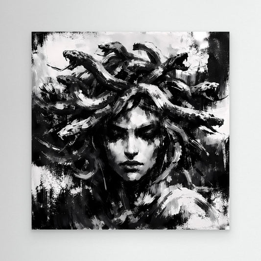 Unframed abstract Medusa portrait canvas in black and white, textured brush strokes.