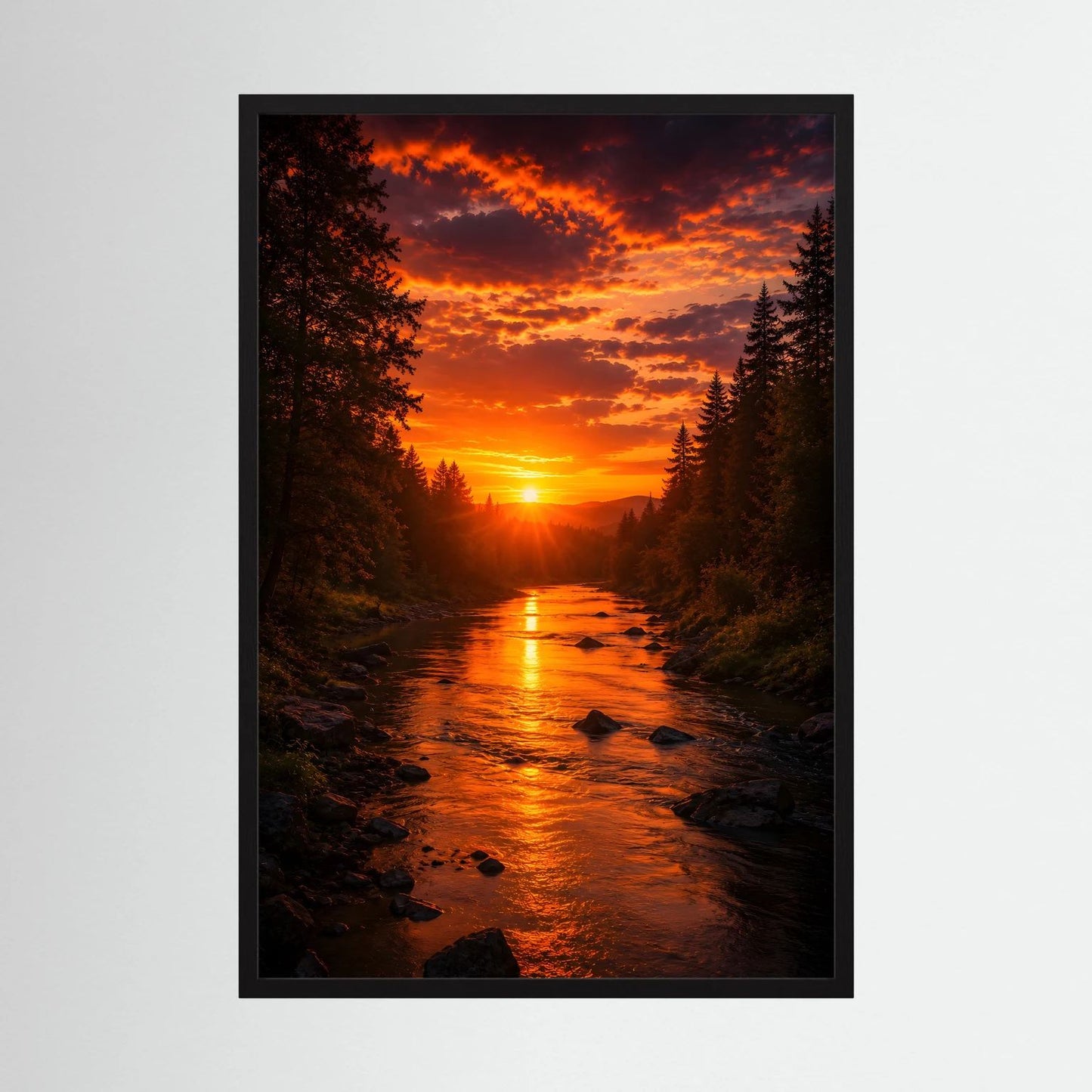 Hochformatiges Sonnenuntergangs-Poster mit Fluss im Wald, schwarzer Rahmen